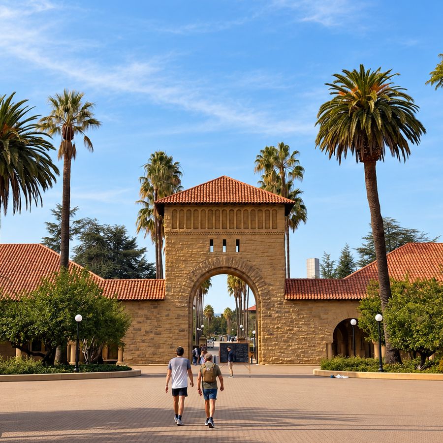 Stanford Üniversitesi Main Quad girişi ve palmiyeler